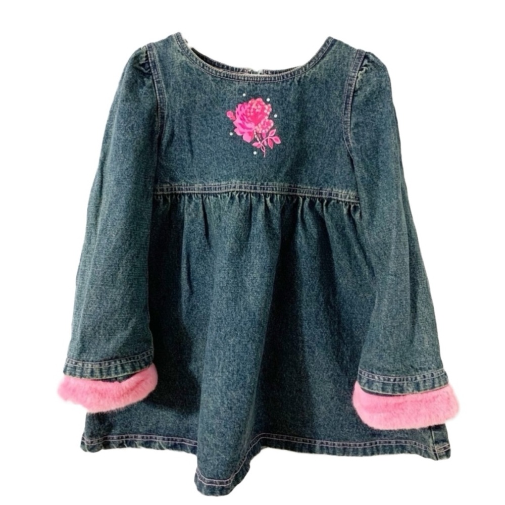 Betsey Johnson Denim Dress Removable TeddyBear Faux Fur Cuffs Roses Crystals💙🩷